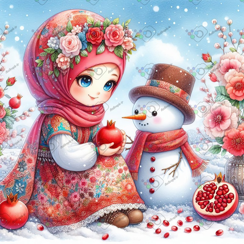 بک گراند کودکانه یلدا با طرح دختر بچه با حجاب و انار و آدم برفی در باغ زمستانی-کد 44730(ویژه عکس گراف)