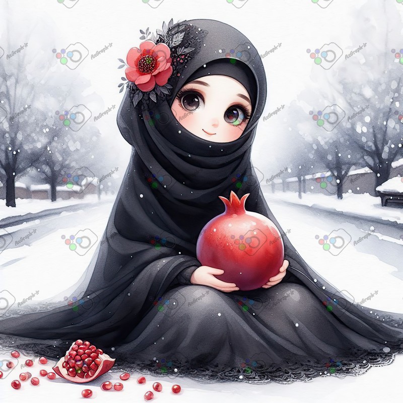 بک گراند کودکانه یلدا با طرح دختر ناز با حجاب و انار در جاده برفی-کد 44741(ویژه عکس گراف)