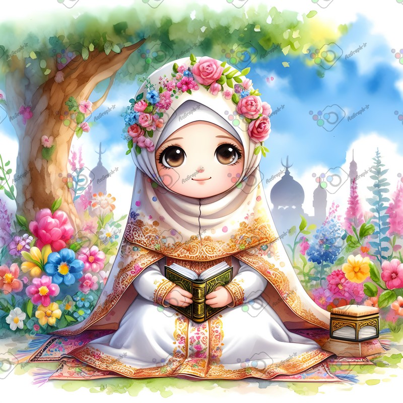 بک گراند کودکانه دختر بچه ناز با حجاب در حال قرآن خواندن در باغ گلها-کد 44580(ویژه عکس گراف)