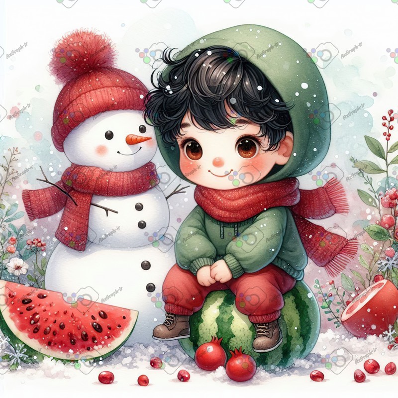 بک گراند کودکانه یلدا با طرح پسربچه و آدم برفی و هندونه و انار -کد 44763(ویژه عکس گراف)