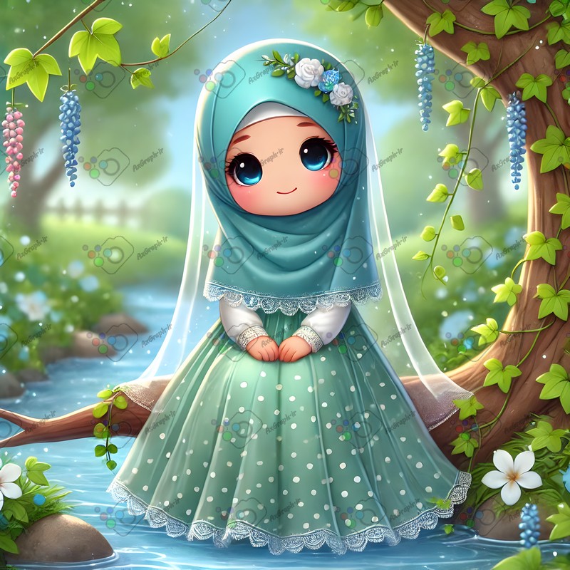 بک گراند کودکانه دختربچه ناز با حجاب نشسته روی درخت در جنگل-کد 44612(ویژه عکس گراف)