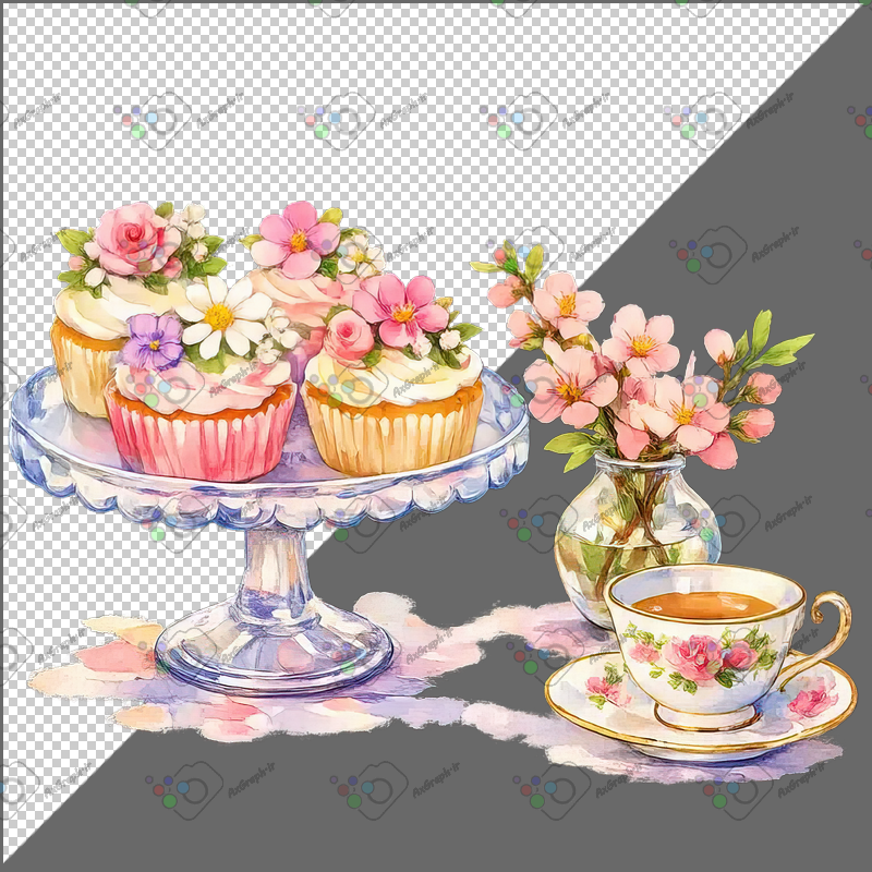 طرح برچسب فنجان چای و کاپ کیک و گلدان شکوفه-کد 70081(ویژه عکس گراف)