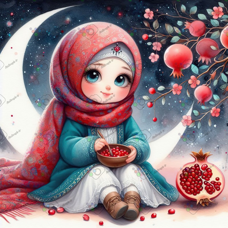 بک گراند کودکانه یلدا با طرح دختر بچه با حجاب و ماه و انار-کد 44664(ویژه عکس گراف)