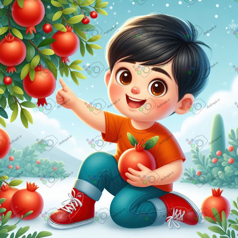 بک گراند کودکانه یلدا با طرح پسربچه خوشحال با اناری در دست کنار درخت انار-کد 44776(ویژه عکس گراف)