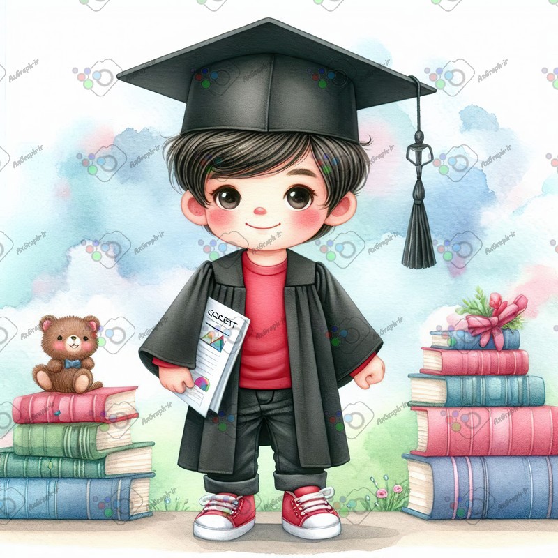 بک گراند کودکانه پسربچه فارغ التحصیل و کلی کتاب-کد 44451(ویژه عکس گراف)