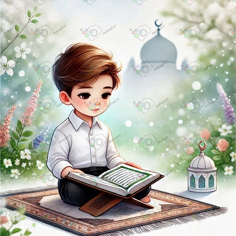 بک گراند کودکانه پسر نوجوان نشسته روی سجاده در حال قرآن خواندن-کد 43835(ویژه عکس گراف)