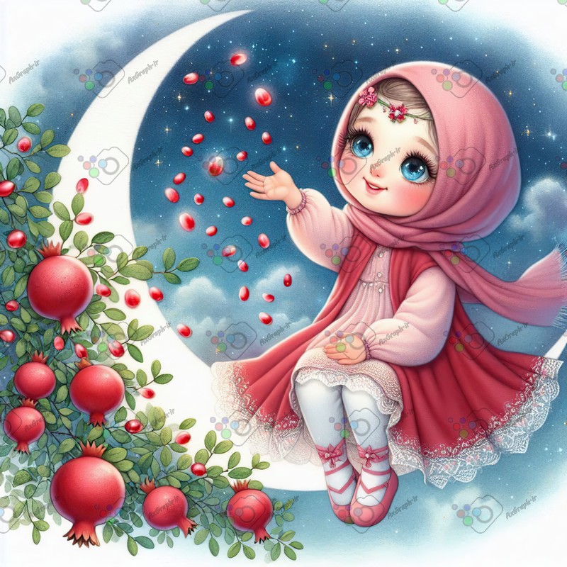 بک گراند کودکانه یلدا با طرح دختر بچه با حجاب و درخت انار و ماه-کد 44653(ویژه عکس گراف)