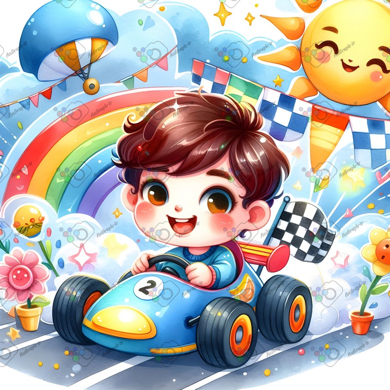 بک گراند کودکانه پسربچه با مزه و خندان در حال ماشین سواری در پیست مسابقه-کد 44603(ویژه عکس گراف)