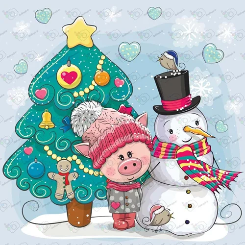 دانلود وکتور کارتونی خوک و آدم برفی و درخت کریسمس-کد 10114