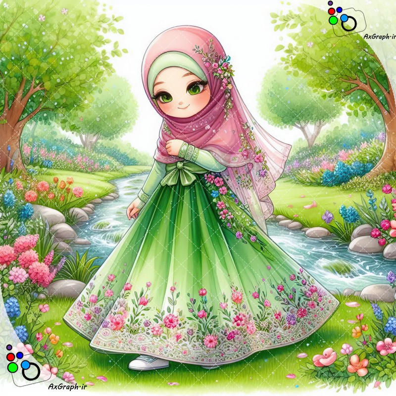 بک گراند کودکانه دختر ناز با حجاب در حال قدم زدن در باغ-کد 44837(ویژه عکس گراف)