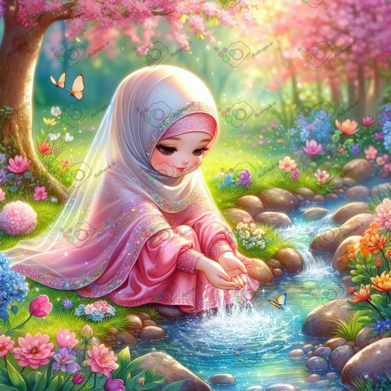 بک گراند کودکانه دختربچه ناز با حجاب در حال آب برداشتن از چشمه در باغ زیبا-کد 44820(ویژه عکس گراف)