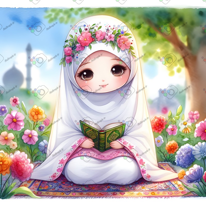 بک گراند کودکانه دختر بچه ناز با حجاب در حال قرآن خواندن میان گلها-کد 44576(ویژه عکس گراف)