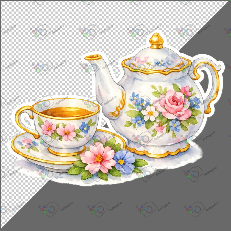 طرح برچسب فنجان چای و قوری چینی گل رز-کد 70090(ویژه عکس گراف)
