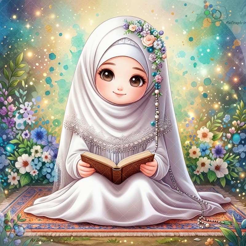 🌟📖 طرح دختربچه فانتزی با لباس سفید و تاج گل در حال تلاوت قرآن میان گل‌های بهاری - کد ۴۴۹۸۳ (ویژه عکس گراف) 📿🤍✨