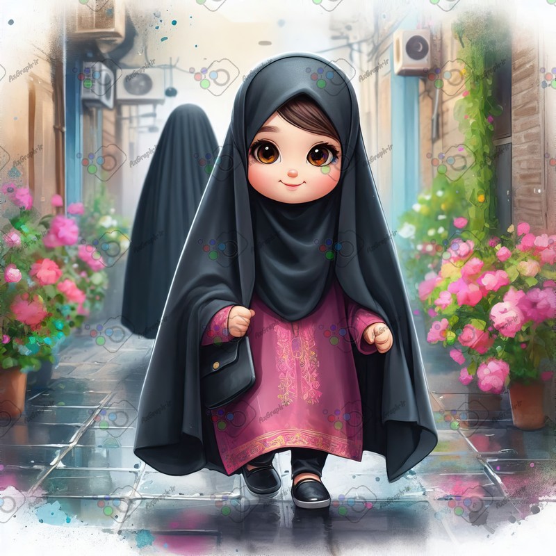 بک گراند کودکانه دختر کوچولوی ناز چادری در حال قدم زدن در کوچه-کد 44355(ویژه عکس گراف)