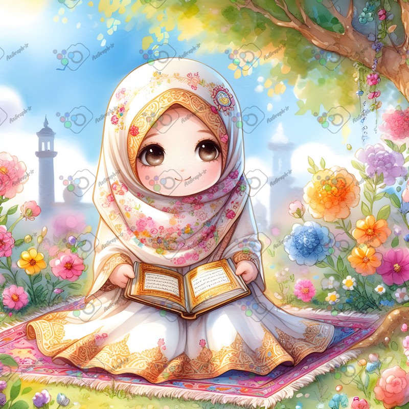 بک گراند کودکانه دختر بچه ناز با حجاب در حال قرآن خواندن میان گلها-کد 44572(ویژه عکس گراف)