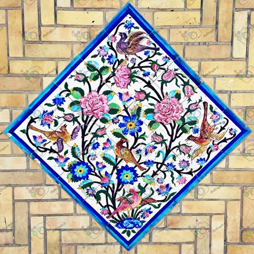 تصویر با کیفیت نمایی از کاشی لعابدار زیبا با نقش گل و بلبل-کد 30152