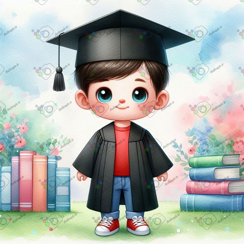 بک گراند کودکانه پسربچه فارغ التحصیل میان کتاب ها-کد 44463(ویژه عکس گراف)