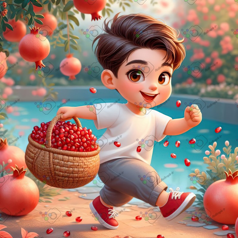 بک گراند کودکانه یلدا با طرح پسربچه شاد با سبد انار در حال دویدن-کد 44778(ویژه عکس گراف)