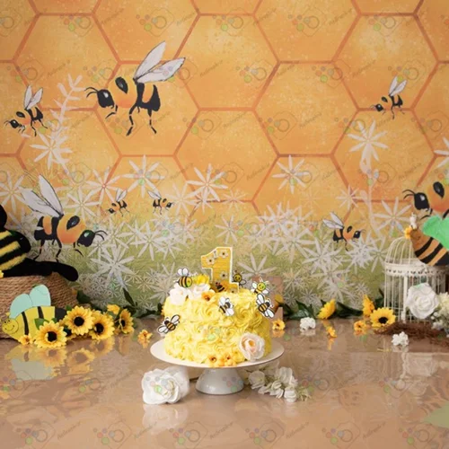 بک دراپ تولد یک سالگی تم زنبور عسل و گل آفتابگردون-کد 120