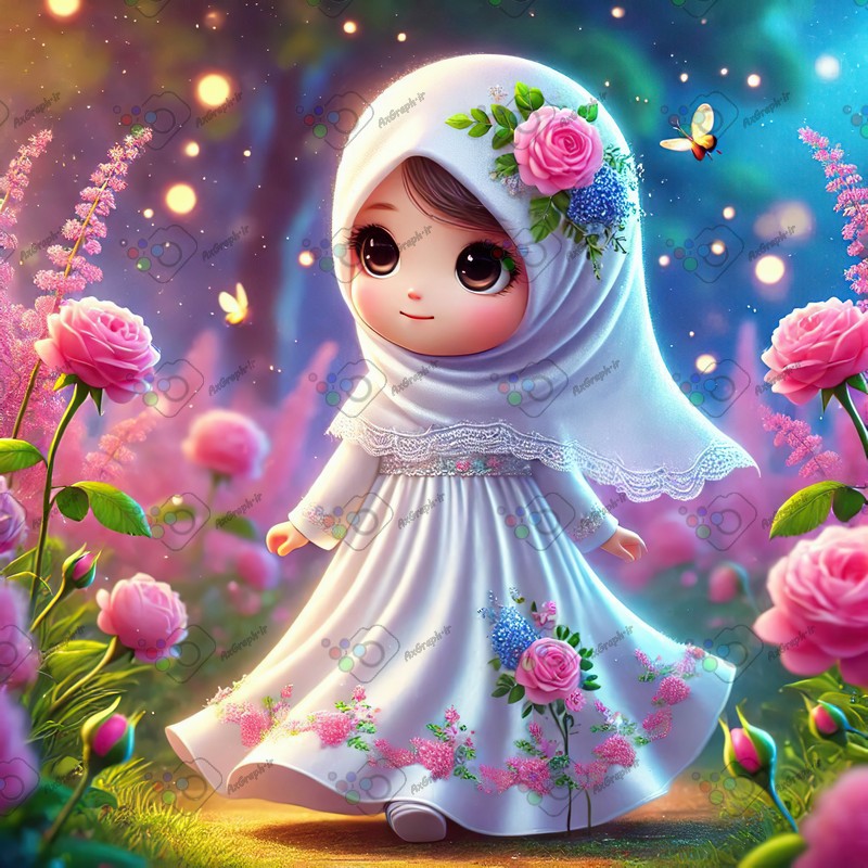 بک گراند کودکانه دختر ریزه میزه ناز با حجاب در باغ گل رز-کد 44536(ویژه عکس گراف)