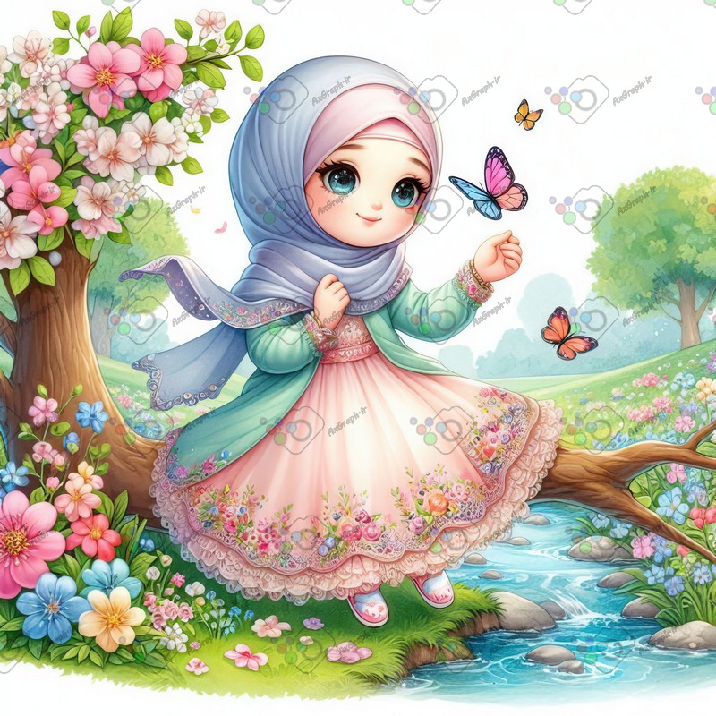بک گراند کودکانه دختربچه ناز با حجاب در حال بازی با پروانه ها-کد 44819(ویژه عکس گراف)
