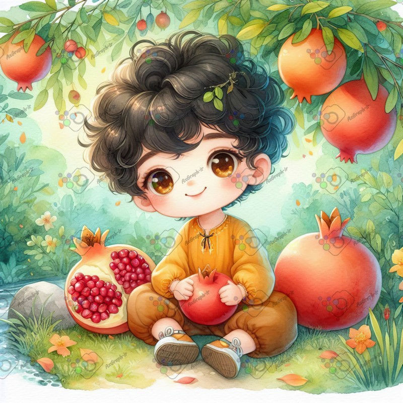 بک گراند کودکانه یلدا با طرح پسربچه مو فرفری نشسته زیر درخت انار-کد 44753(ویژه عکس گراف)