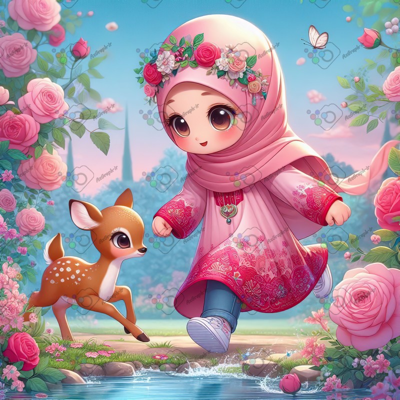 بک گراند کودکانه دختر بچه ناز با حجاب و بچه آهو در باغ گل رز-کد 44391(ویژه عکس گراف)
