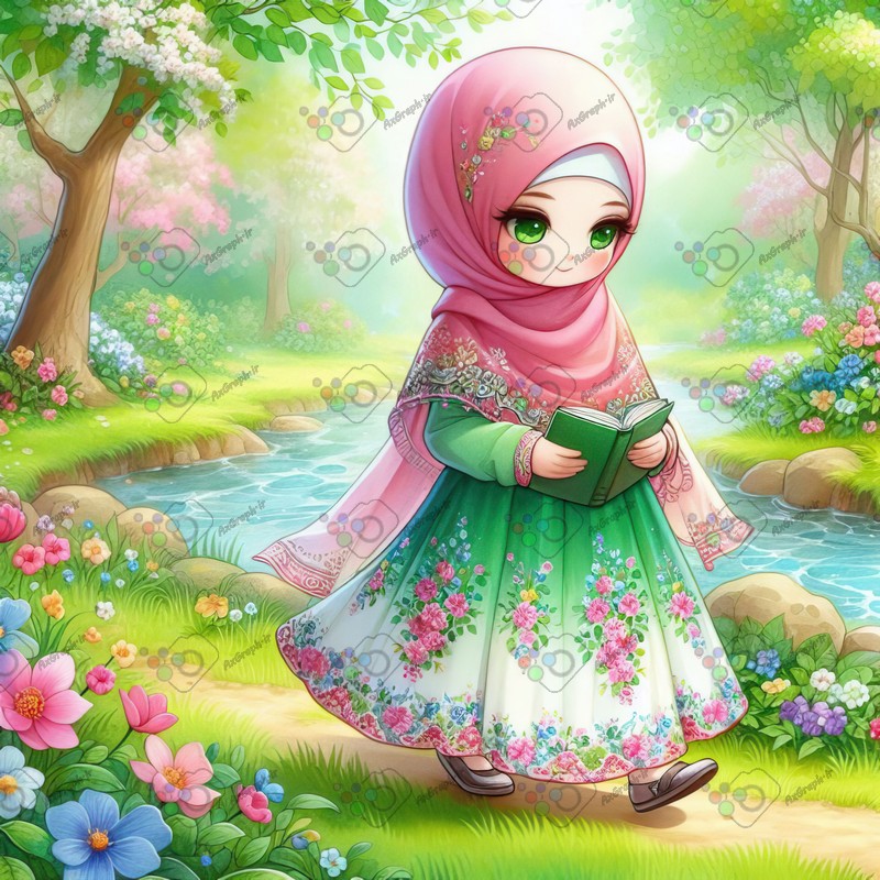 بک گراند کودکانه دختربچه ناز با حجاب در حال مطالعه و قدم زدن در دشت گلها-کد 44811(ویژه عکس گراف)