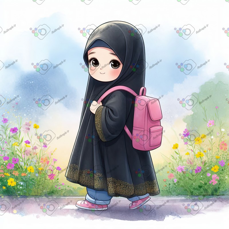 بک گراند کودکانه دختر کوچولوی ناز با چادری با کوله صورتی در حال قدم زدن -کد 44483(ویژه عکس گراف)