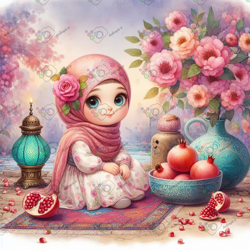 بک گراند کودکانه یلدا با طرح دختر بچه با حجاب با دکور سنتی-کد 44706(ویژه عکس گراف)