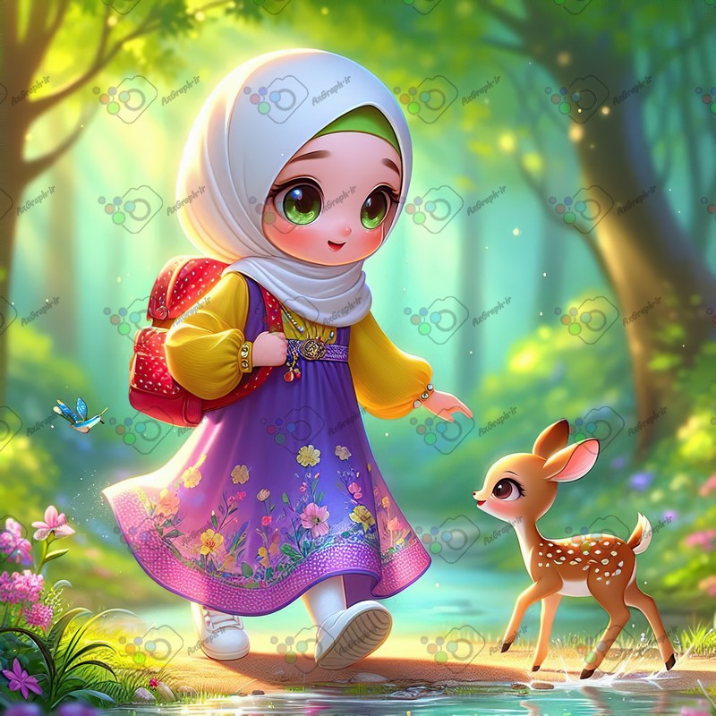 بک گراند کودکانه دختر بچه ناز با حجاب و بچه آهوی ناز در جنگل-کد 44393(ویژه عکس گراف)