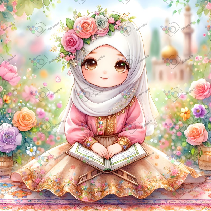 بک گراند کودکانه دختر بچه ناز با حجاب در حال قرآن خواندن-کد 44559(ویژه عکس گراف)