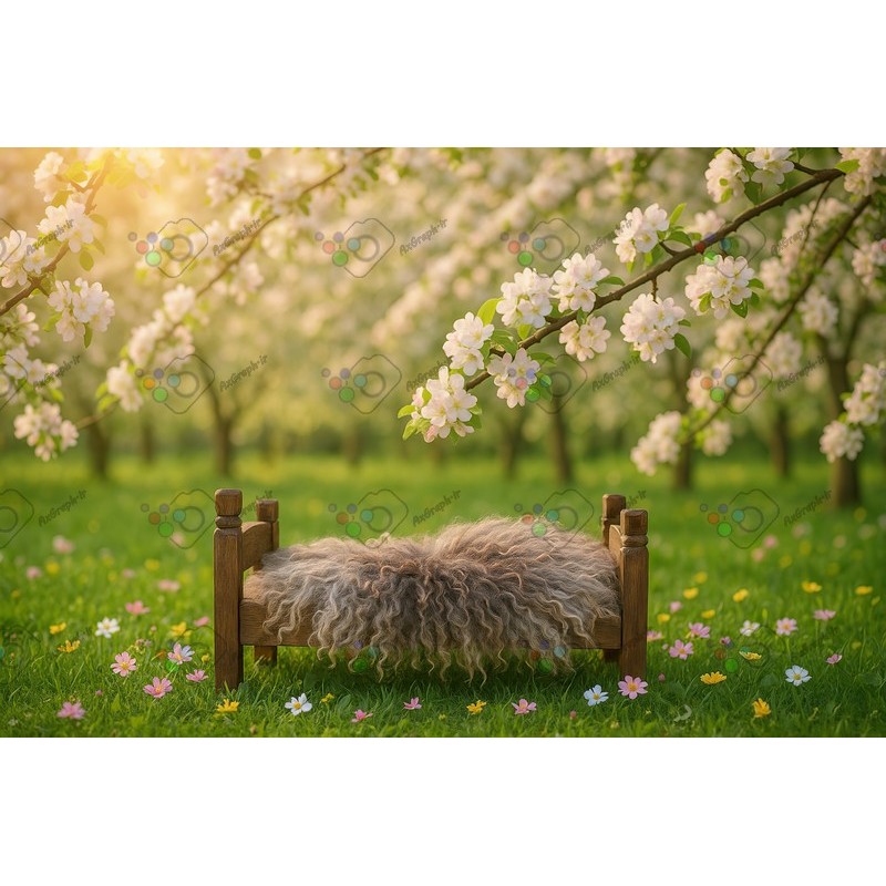 بک دراپ کودک و نوزاد تم تخت خواب چوبی در باغ شکوفه-کد 55406(ویژه عکس گراف)