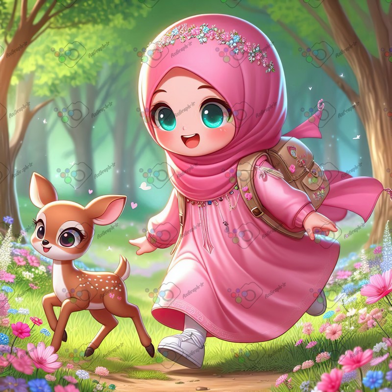 بک گراند کودکانه دختر بچه ناز با حجاب و بچه آهوی ناز در حال عبور از جنگل-کد 44398(ویژه عکس گراف)