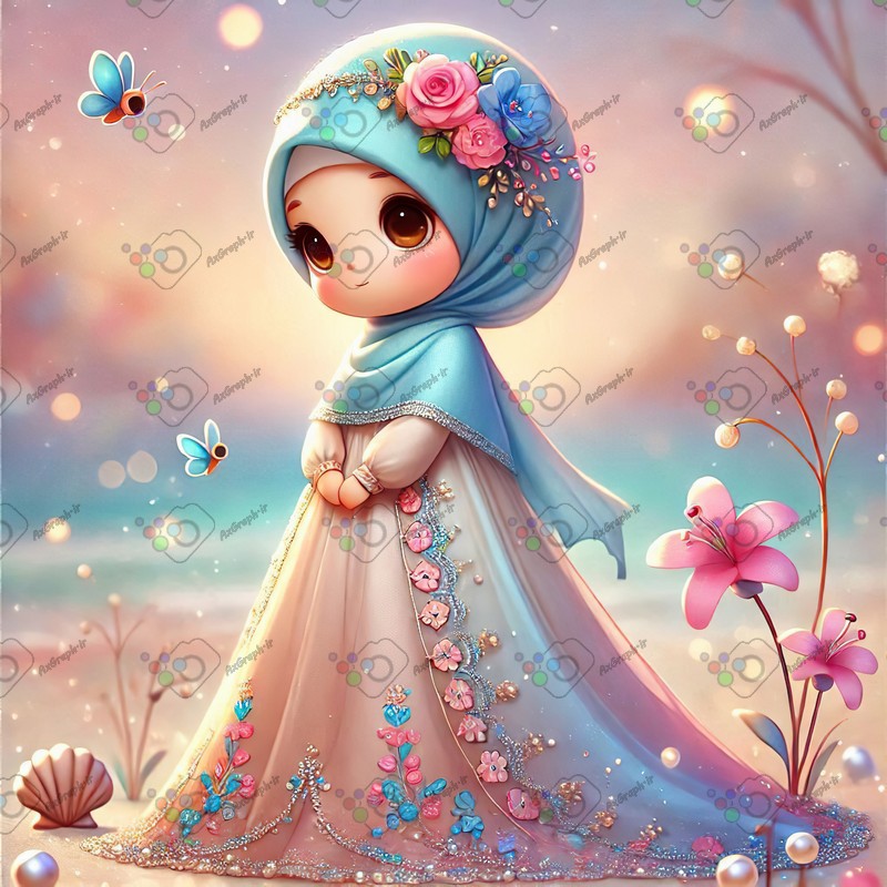 بک گراند کودکانه دختر ریزه میزه ناز با حجاب ایستاده در ساحل-کد 44524(ویژه عکس گراف)