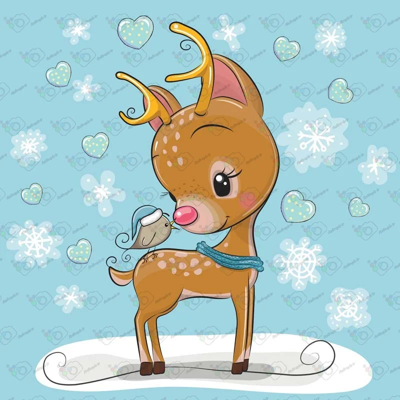 دانلود وکتور کارتونی آهو و گنجشک در برف کریسمس-کد 10118
