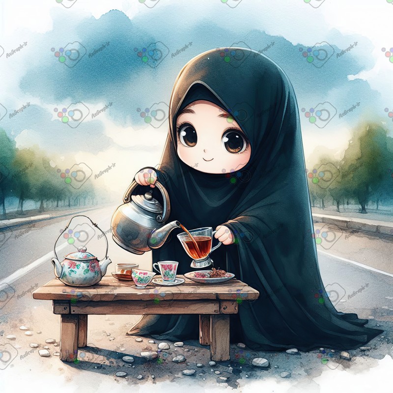 بک گراند کودکانه دختر کوچولوی ناز چادری در جاده در حال ریختن چای-کد 44489(ویژه عکس گراف)