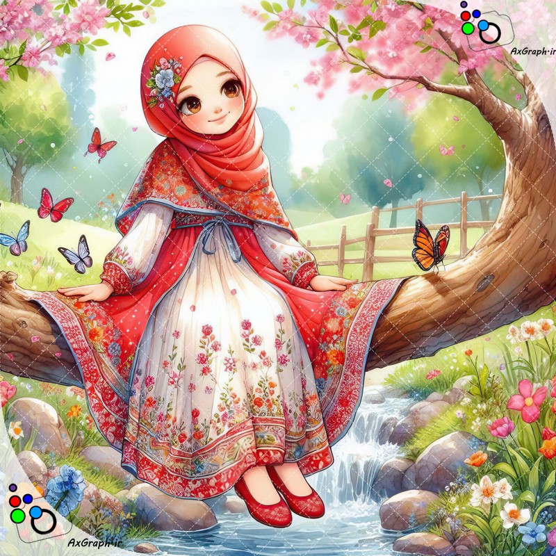 بک گراند کودکانه دختر ناز با حجاب روی شاخه درخت و پروانه های رنگی در باغ بهاری-کد 44831(ویژه عکس گراف)