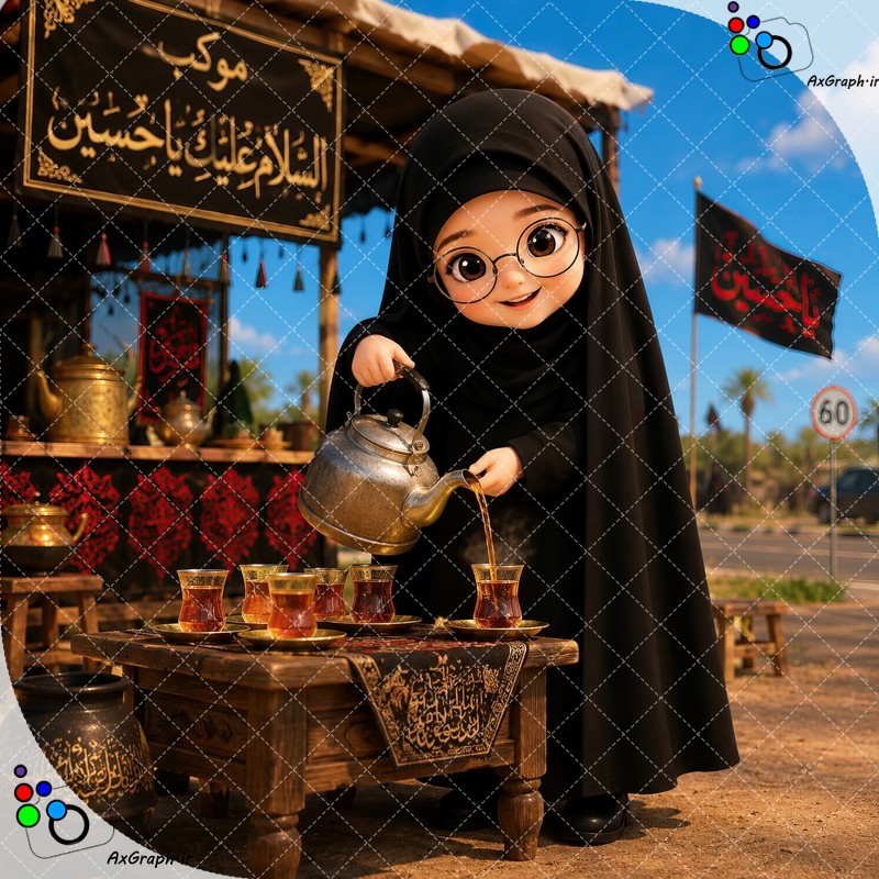 بک گراند کودکانه دختر کوچولوی ناز چادری در موکب در حال ریختن چای-کد 44854(ویژه عکس گراف)