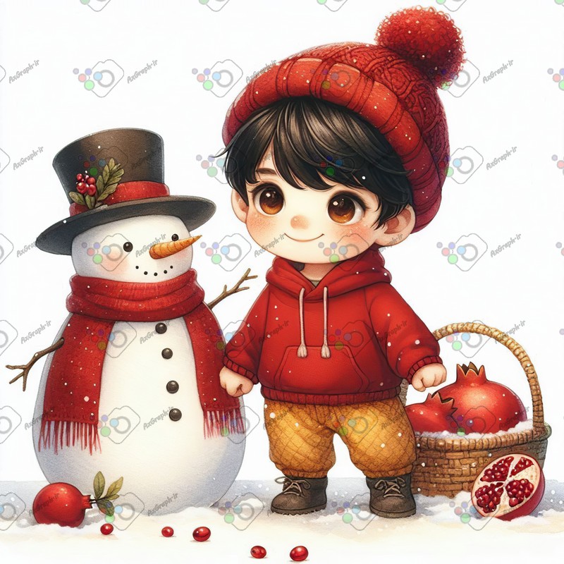 بک گراند کودکانه یلدا با طرح پسربچه و سبد انار و آدم برفی-کد 44796(ویژه عکس گراف)