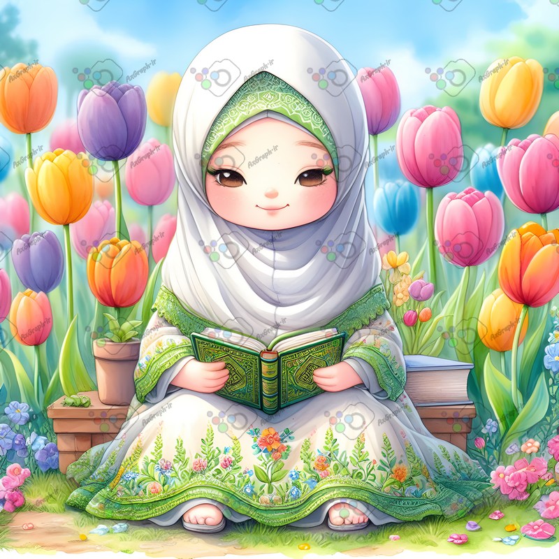 بک گراند کودکانه دختر بچه ناز با حجاب در حال قرآن خواندن در باغ لاله ها-کد 44577(ویژه عکس گراف)