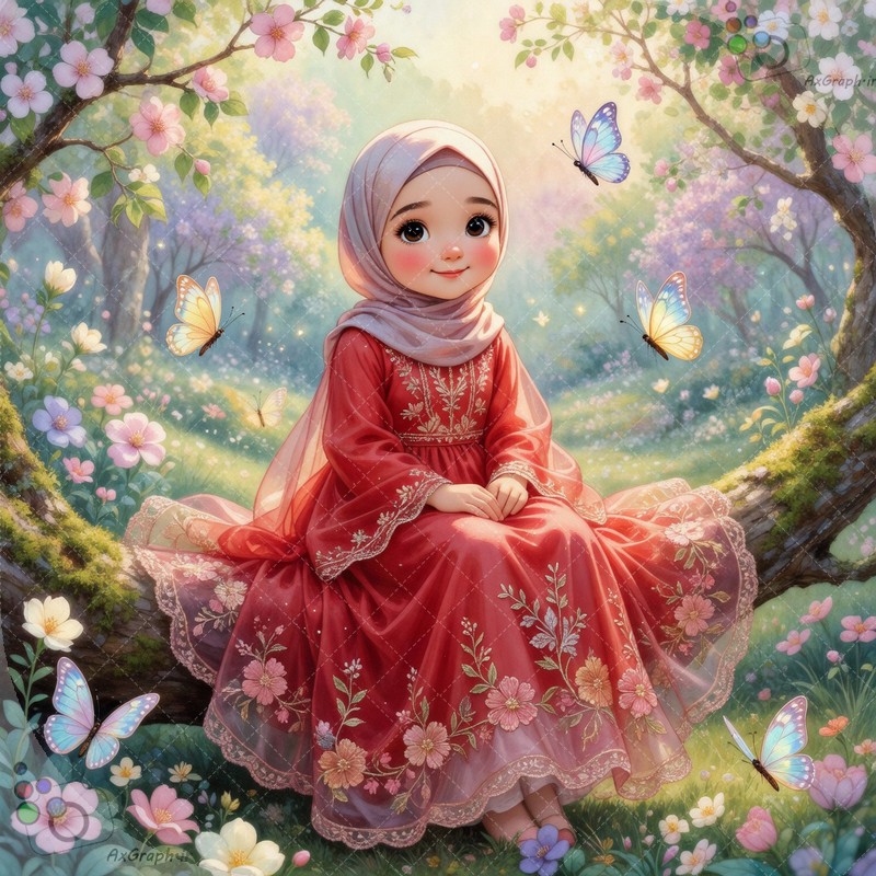 طرح دختربچه باحجاب با پیراهن سنتی قرمز در باغ بهاری - کد ۴۴۹۶۵ (ویژه عکس گراف)