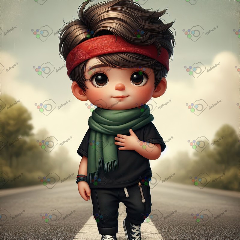 بک گراند کودکانه پسر بچه با لباس مشکی و شال و سربند در جاده-کد 44366(ویژه عکس گراف)