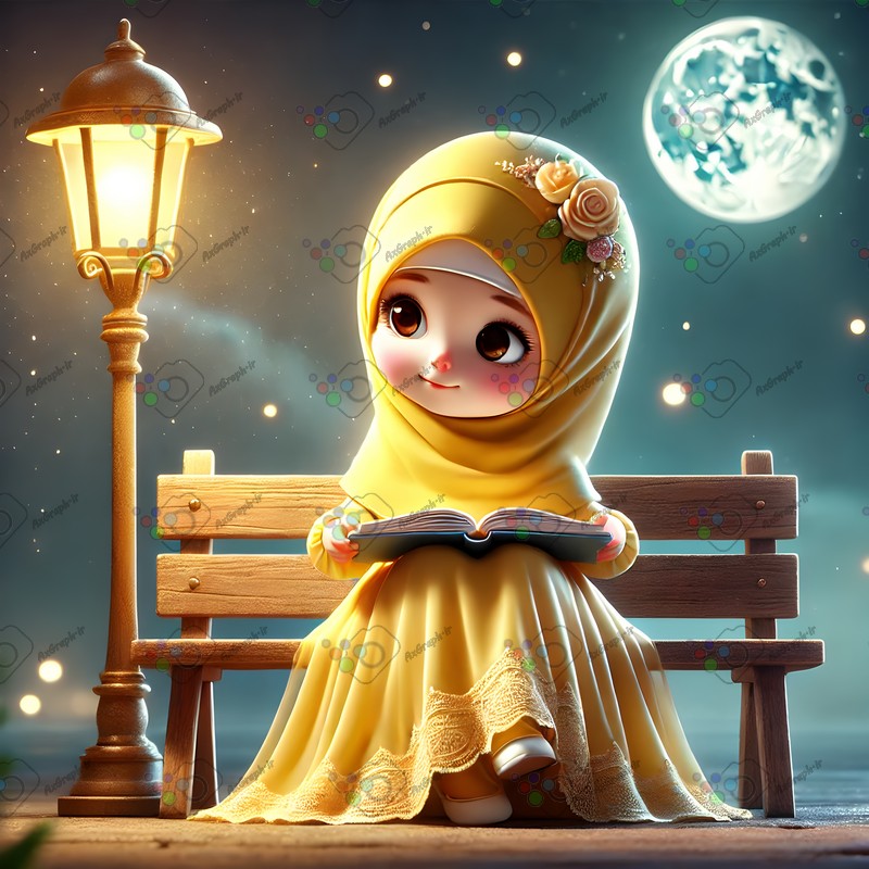 بک گراند کودکانه دختربچه ناز با حجاب در حال مطالعه زیر نور چراغ خیابان-کد 44619(ویژه عکس گراف)