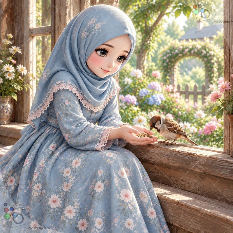 طرح دختر با حجاب آبی گل‌دار در حال غذا دادن به گنجشک کنار پنجره چوبی باغ بهاری - کد ۴۵۰۳۲ (ویژه عکس گراف)