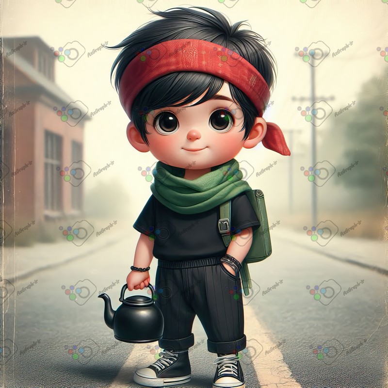 بک گراند کودکانه پسر بچه با لباس مشکی و کتری چای ایستاده در جاده-کد 44367(ویژه عکس گراف)