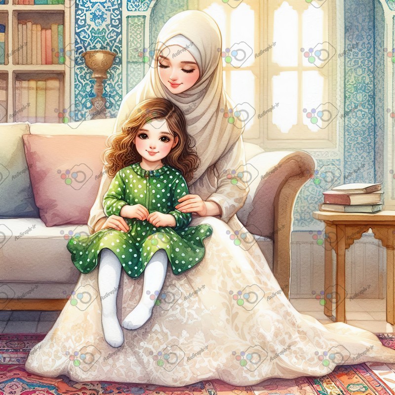 بک گراند کودکانه دختر کوچولوی ناز نشسته روی پای مامان با حجابش-کد 44450(ویژه عکس گراف)