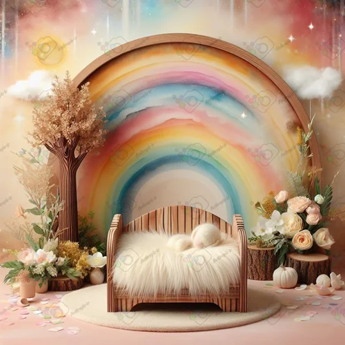 بک دراپ نوزاد تخت خواب چوبی و درخت و رنگین کمان-کد 55043(ویژه عکس گراف)