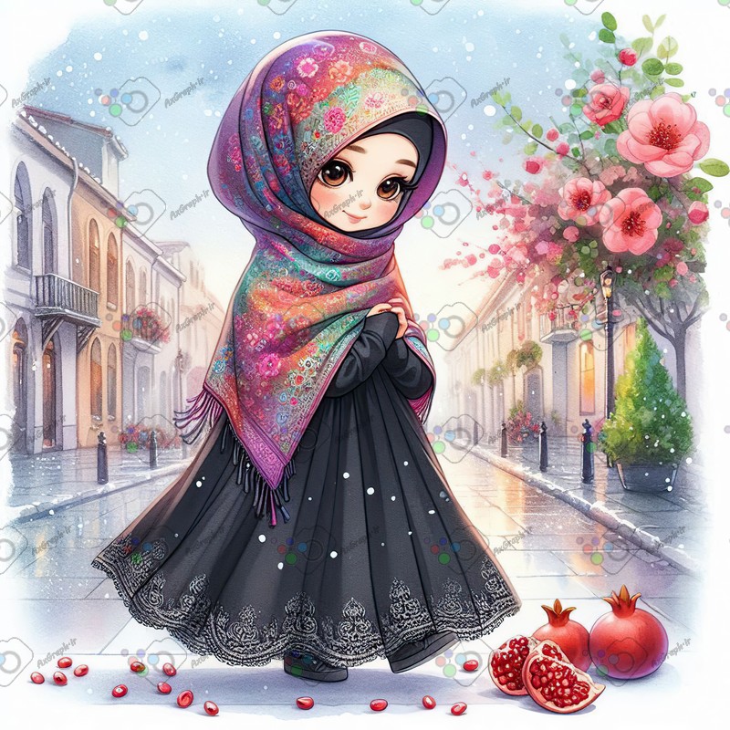 بک گراند کودکانه یلدا با طرح دختر با حجاب و انار و خیابان برفی-کد 44732(ویژه عکس گراف)